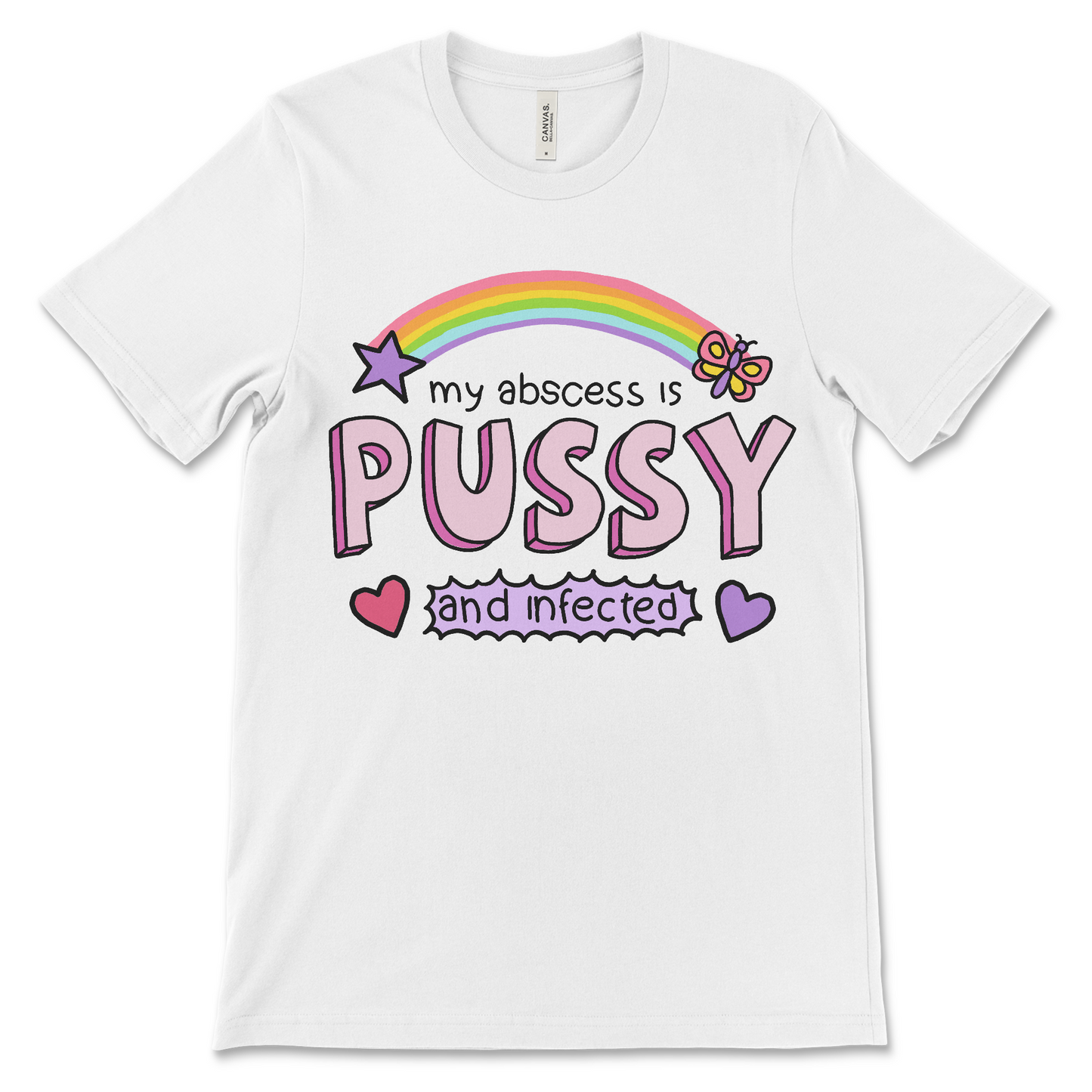 Offensive meme shirt that says "my abscess is pussy and infected," a gross humor t-shirt, weird graphic tee for vulgar meme lovers, cursed quote shirt, NSFW adult humor shirt, and disgusting viral tees.