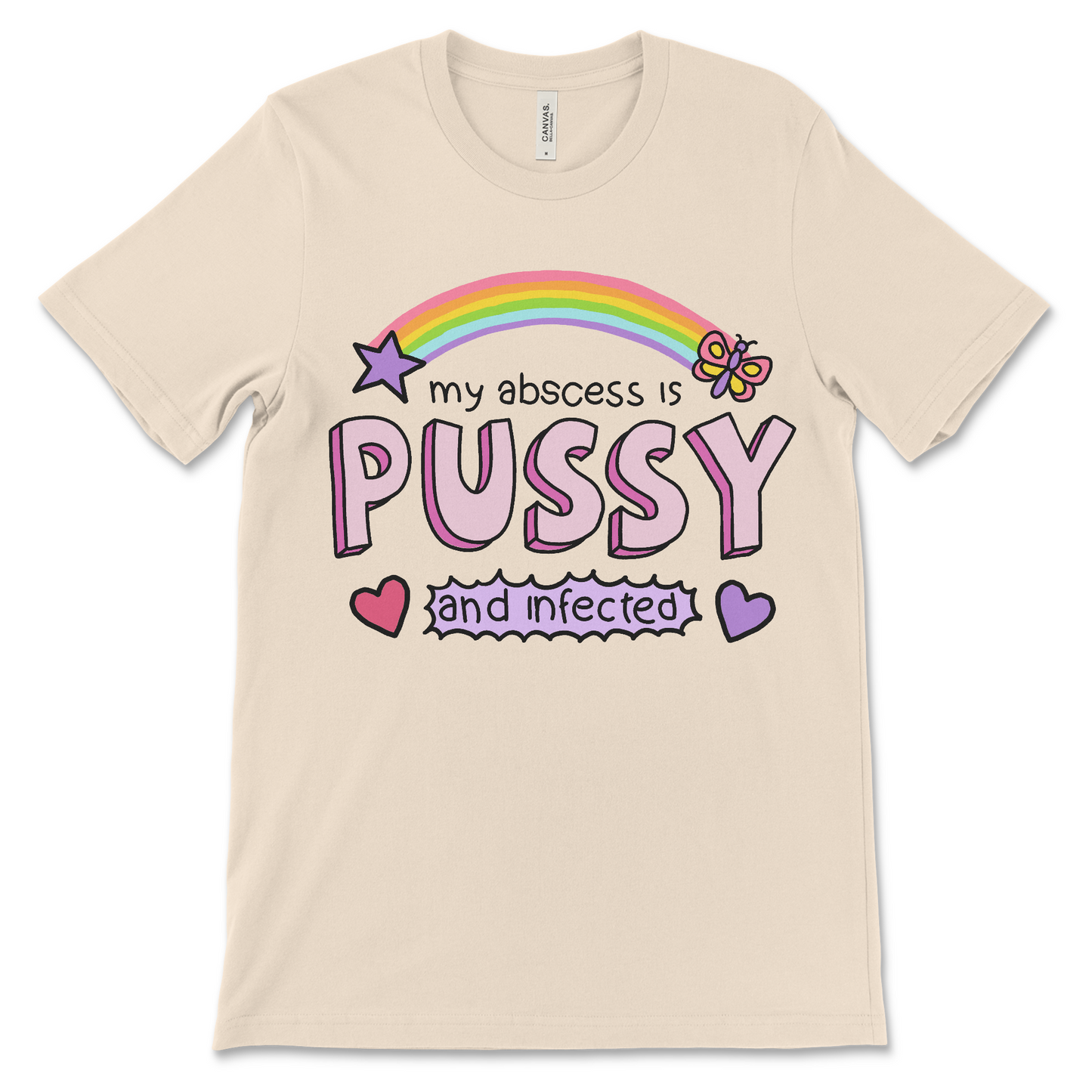 Offensive meme shirt that says "my abscess is pussy and infected," a gross humor t-shirt, weird graphic tee for vulgar meme lovers, cursed quote shirt, NSFW adult humor shirt, and disgusting viral tees.