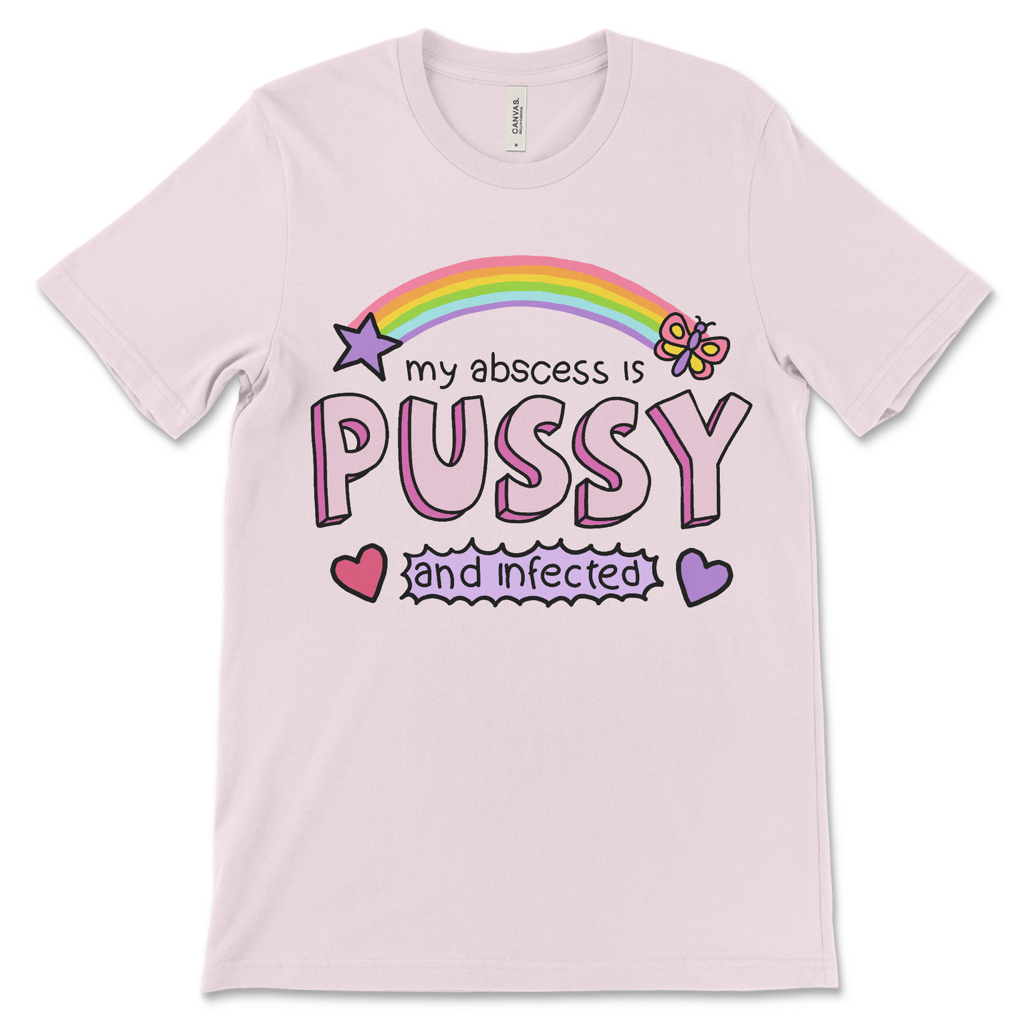 Offensive meme shirt that says "my abscess is pussy and infected," a gross humor t-shirt, weird graphic tee for vulgar meme lovers, cursed quote shirt, NSFW adult humor shirt, and disgusting viral tees.