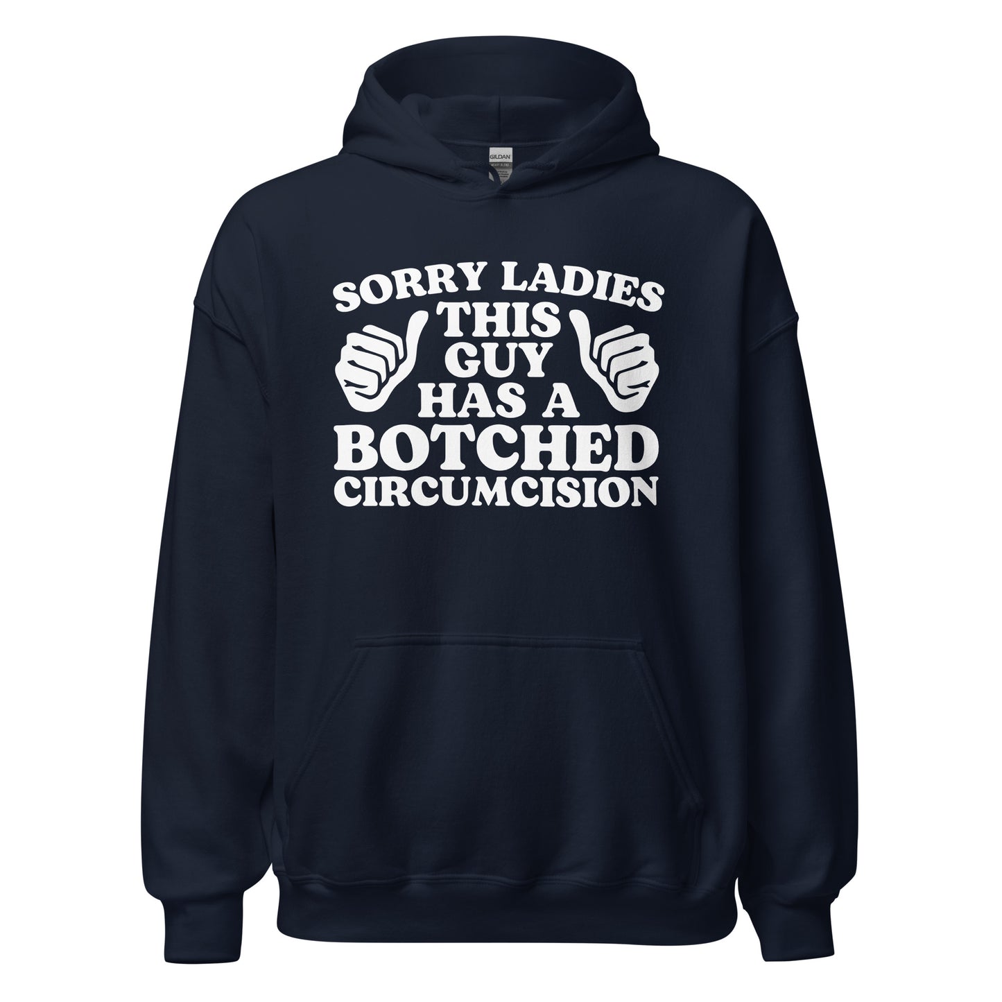 Vulgar hoodie with a foreskin-related joke, great as an inappropriate gag gift or conversation ender.