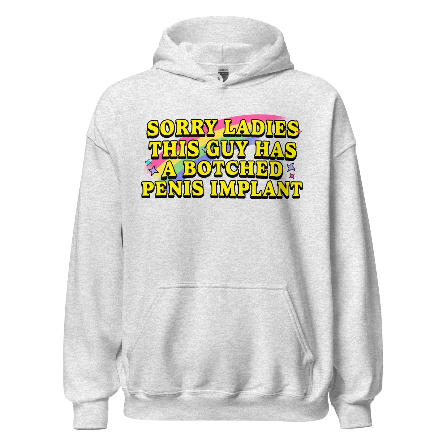 Funny offensive hoodie featuring a crude joke about a botched penis implant. Ideal for shoppers looking for dark humor hoodies, inappropriate graphic clothing, or penis hoodies.