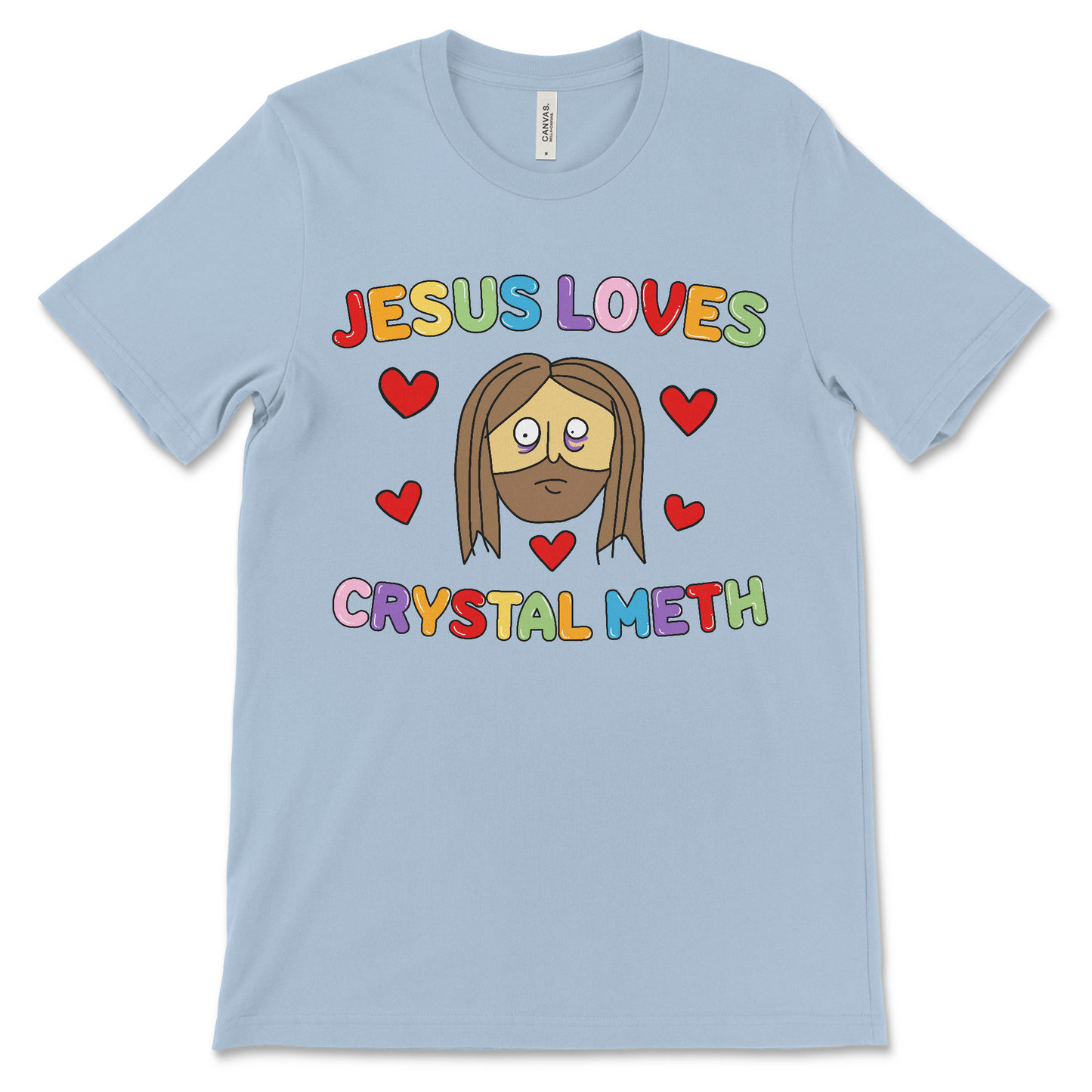 Jesus Loves Crystal Meth shirt, an offensive religious t shirt with drug humor, and Jesus meme vibes.