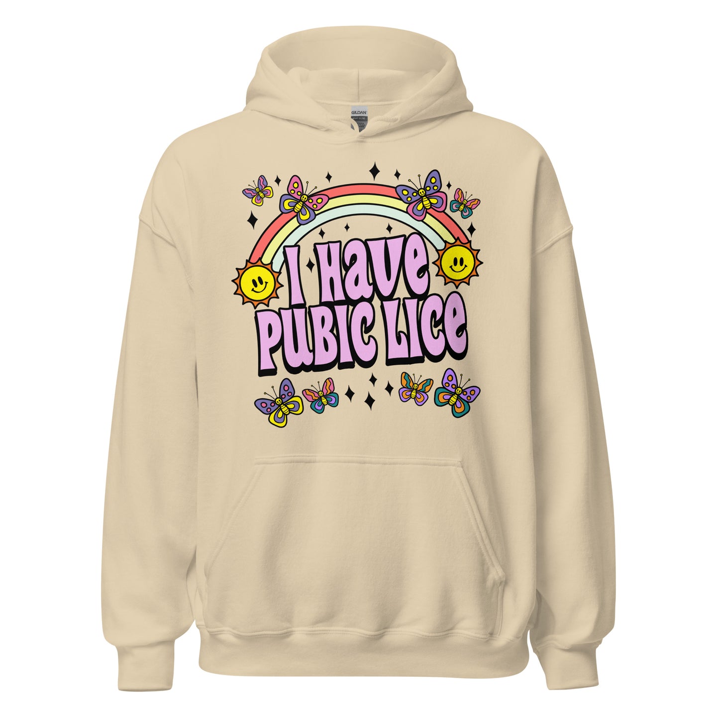 Hoodie that says "I Have Pubic Lice" — offensive NSFW hoodie with raunchy humor, crude joke, and inappropriate meme text.