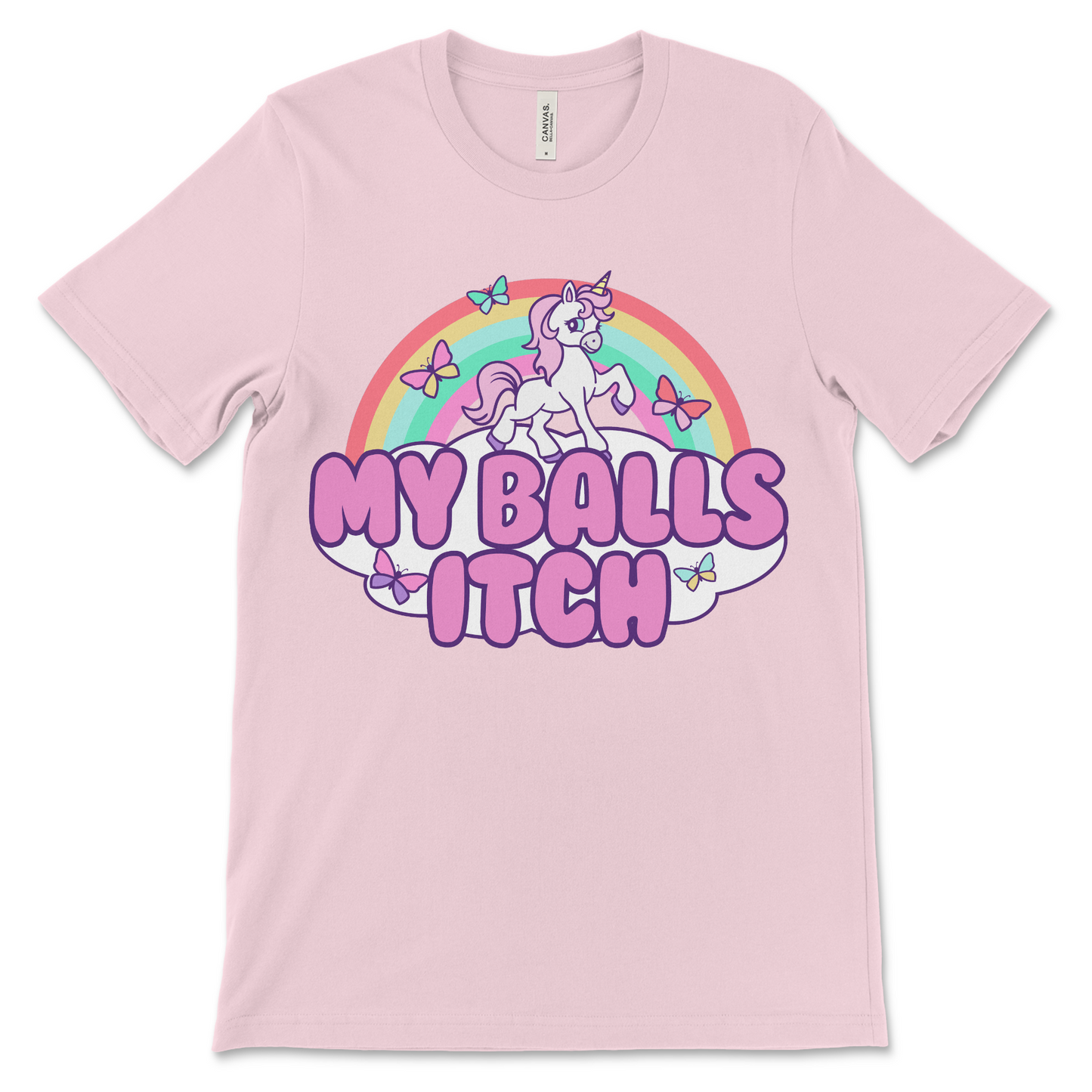 Funny unicorn shirt with the phrase “My Balls Itch,” perfect for fans of weird meme t-shirts and absurd humor. Great for inappropriate gag gifts, offensive novelty clothing, and people who love unhinged graphic tees.