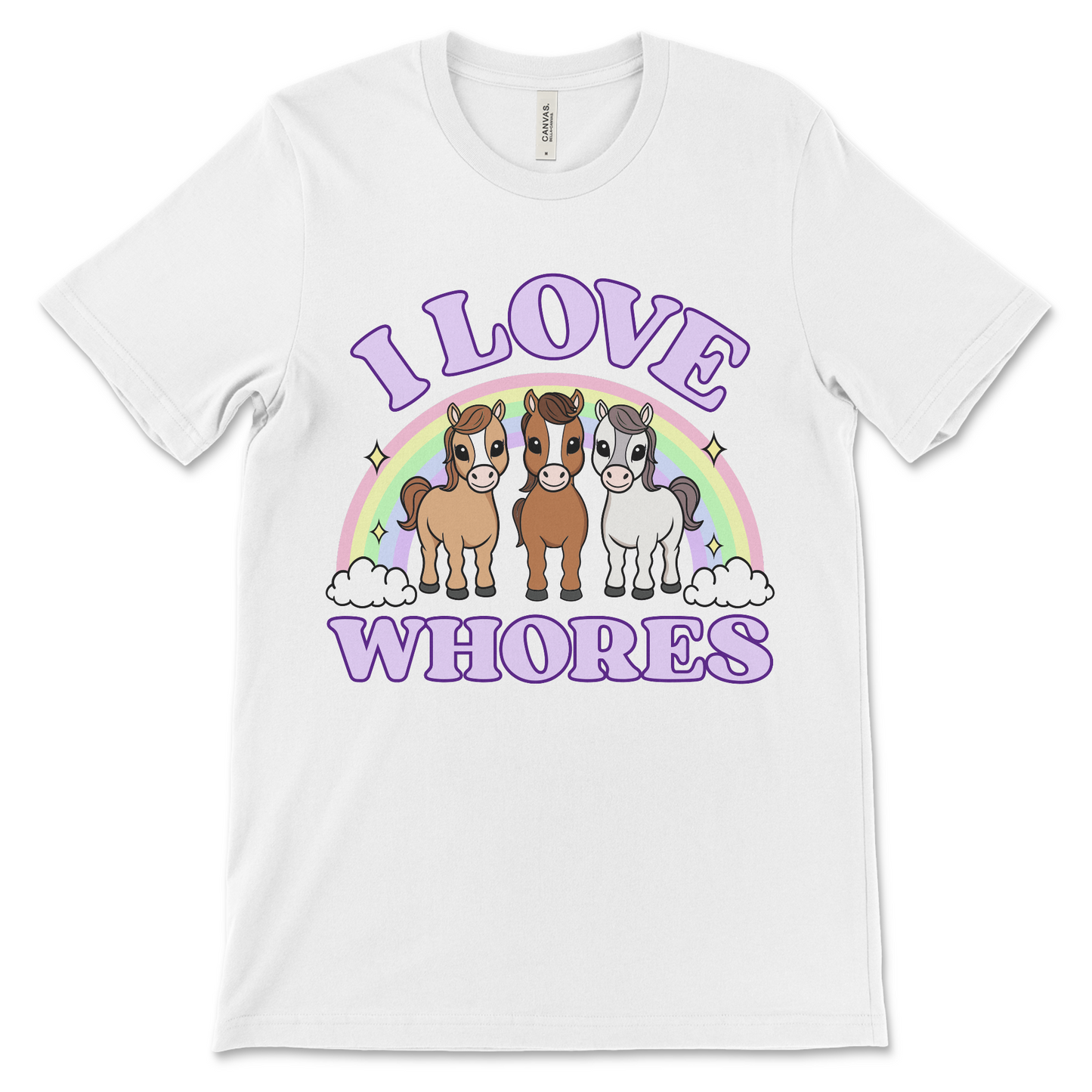 Cursed meme shirt with adorable horse meme and funny I Love Whores slogan for a great NSFW shirt.