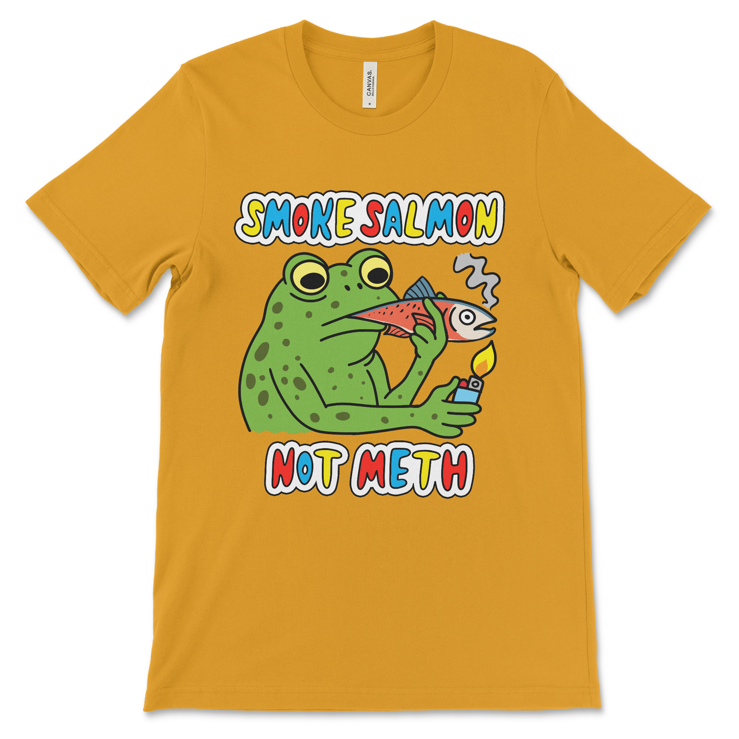 Ridiculous meme shirt with “Smoke Salmon Not Meth” and a frog smoking fish. Great for collectors of unhinged and absurd graphic t-shirts.