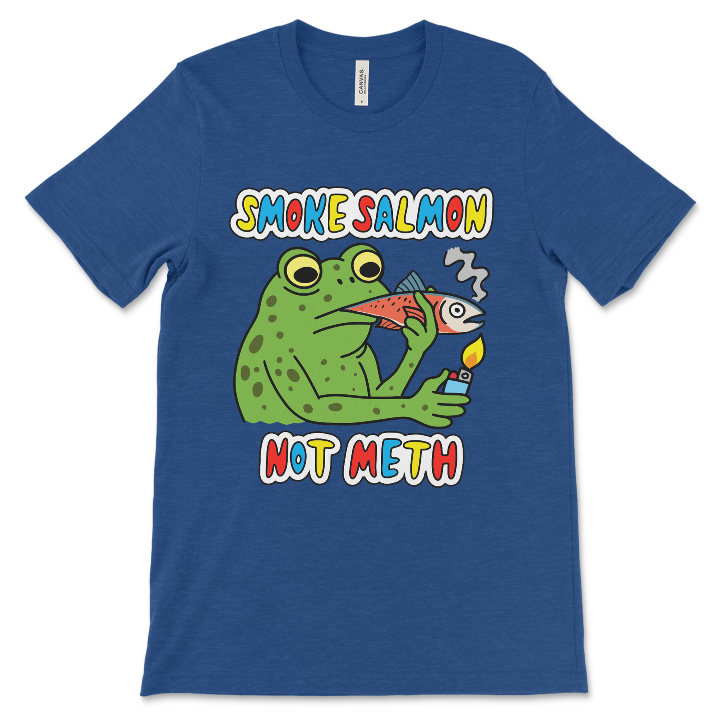 Weird graphic tee showing a cartoon frog smoking a salmon like a blunt. Designed for people who love surreal humor and strange fashion.