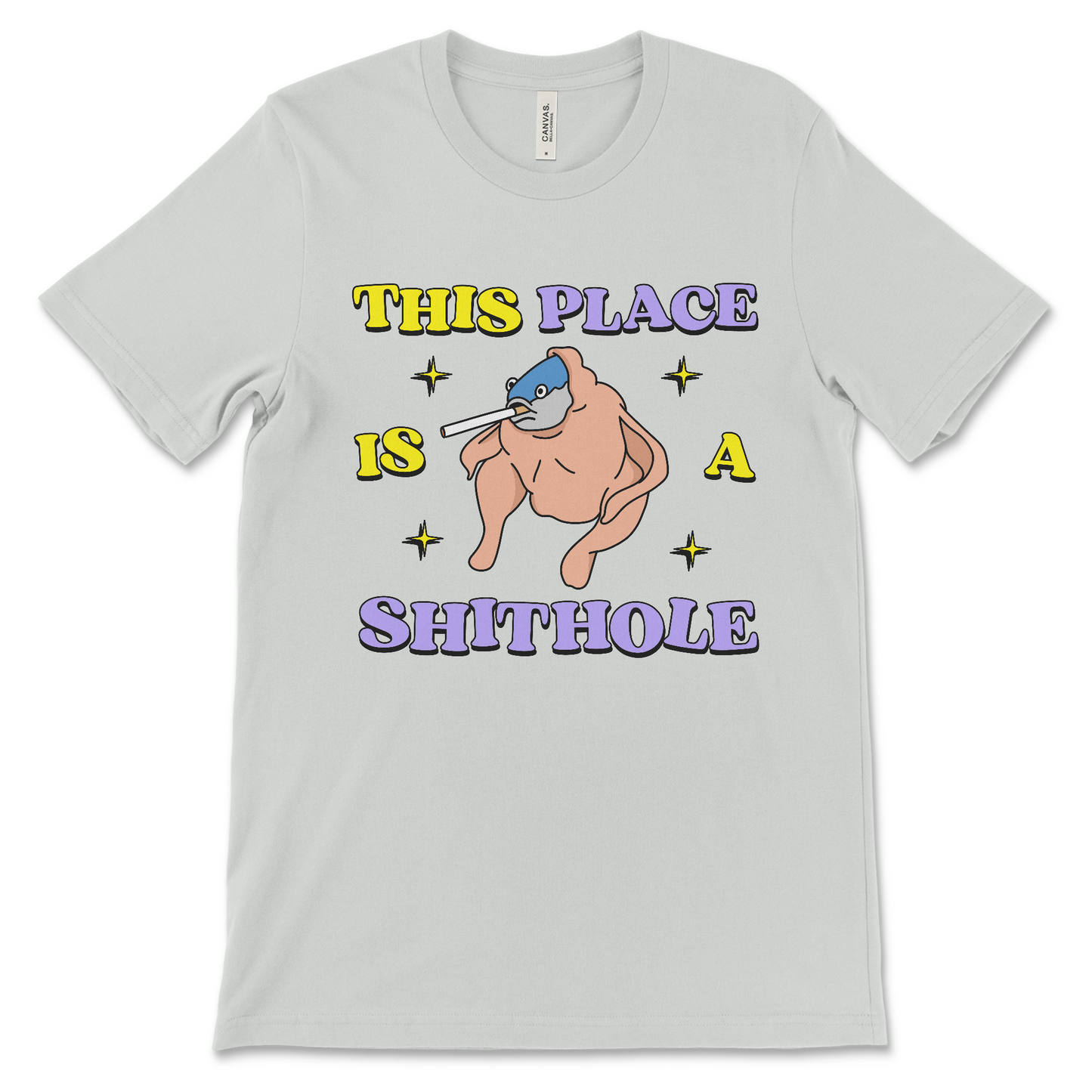 This surreal This Place Is a Shithole shirt political satire anti-USA graphic tee, is an offensive dark humor t-shirt, anti-establishment joke and inappropriate novelty shirt.