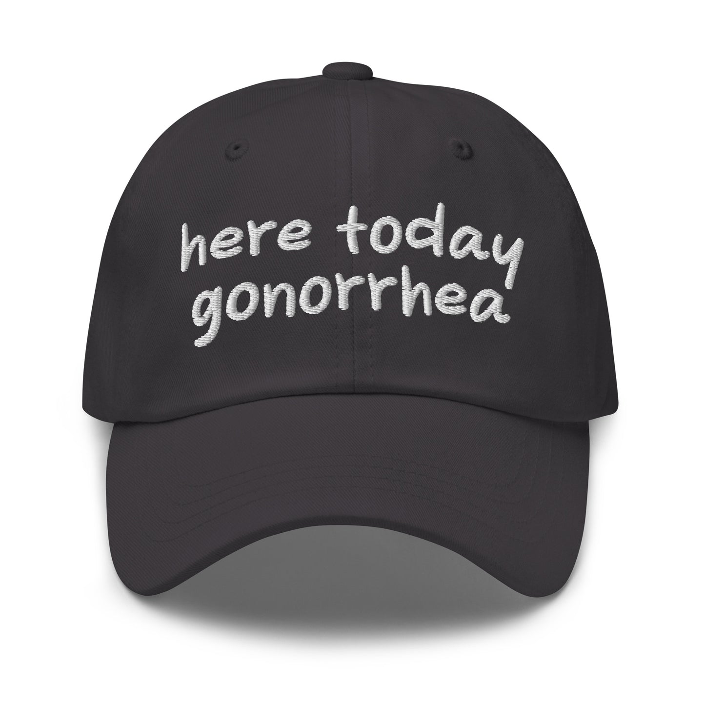 Here Today Gonorrhea dad hat, embroidered offensive slogan cap, dark humor meme hat, inappropriate quote dad cap, edgy baseball caps, ironic embroidered hat for meme lovers.