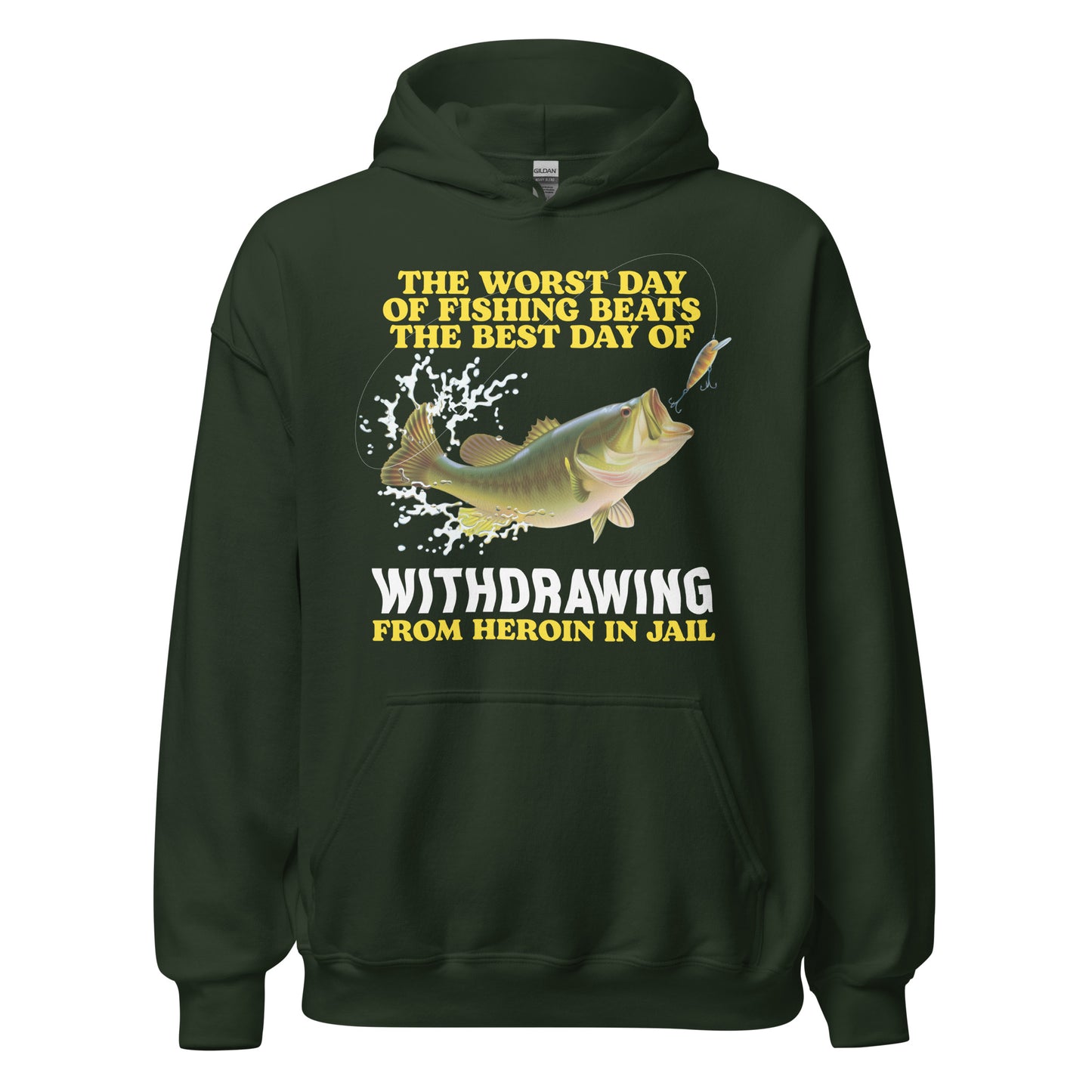 Funny recovery hoodie with a fishing joke twisted into dark humor about heroin withdrawal. Great for fans of offensive hoodies, weird graphic designs, and inappropriate life quotes. Ideal for adults who enjoy raunchy and oddly specific meme apparel.