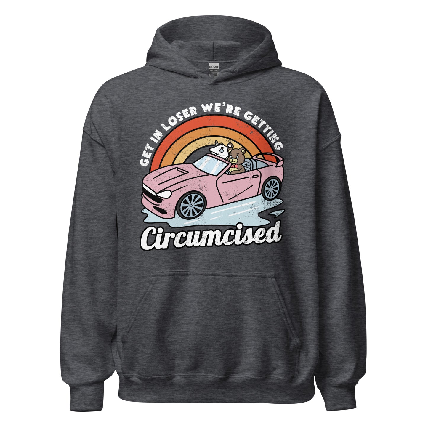 Dark comedy circumcision hoodie featuring a parody friendship graphic and a bizarre group activity nobody asked for.