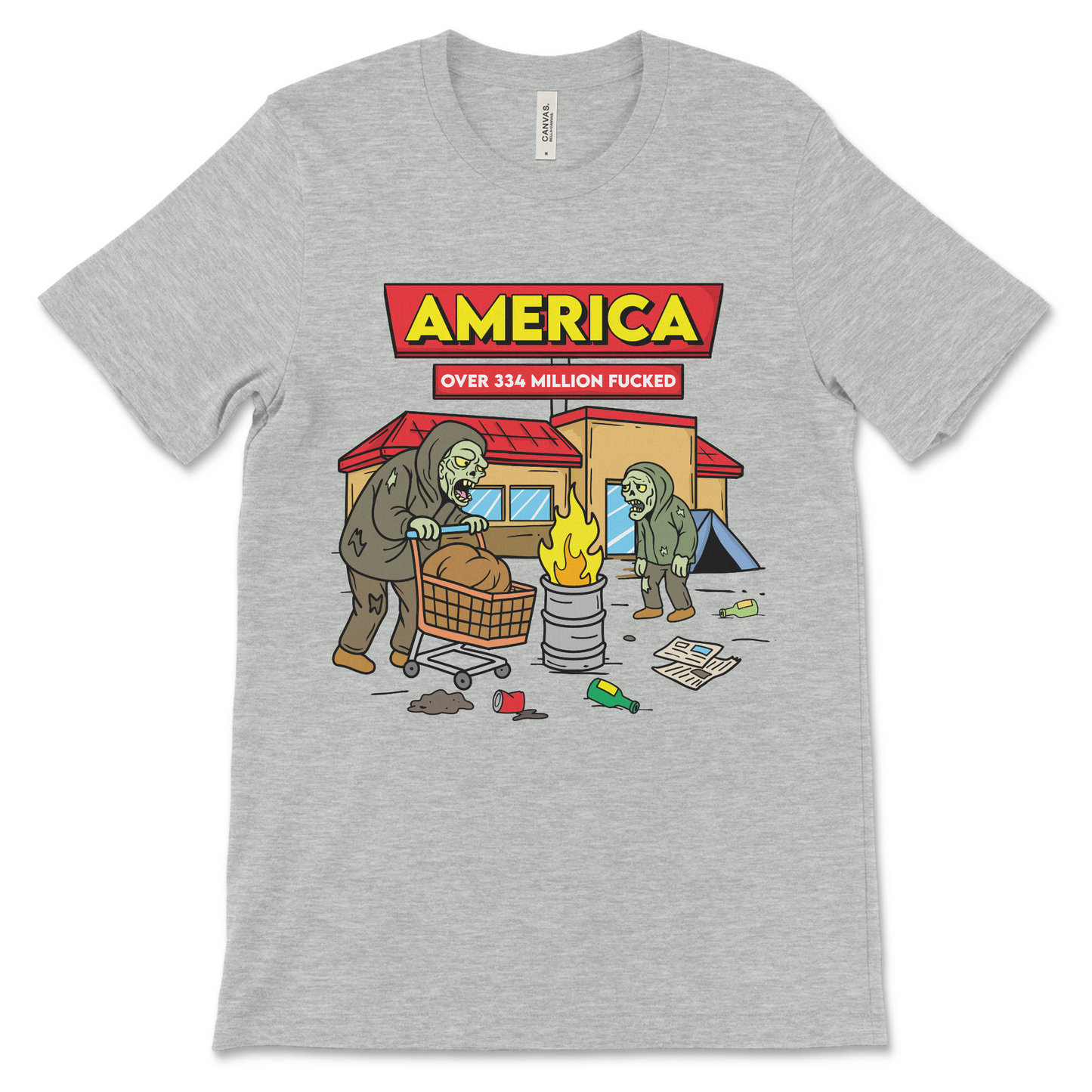 Offensive USA shirt with a dark humor political message about America’s decline. Perfect for fans of political satire shirts and hilarious graphic tees with commentary about fentanyl and homelessness