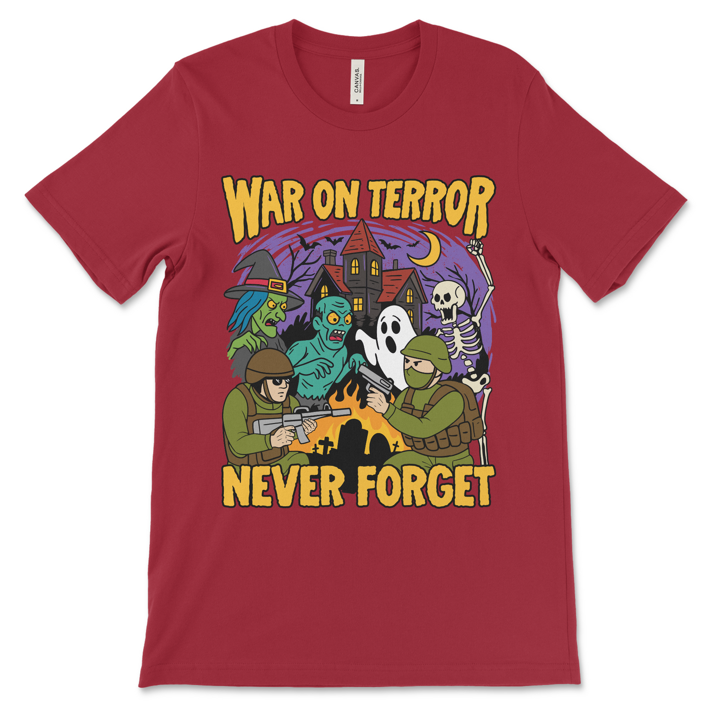 Political meme shirt about George Bush and the War on Terror reimagined with witches and ghosts. A dark humor t-shirt for fans of anti-establishment and post-9/11 satire.