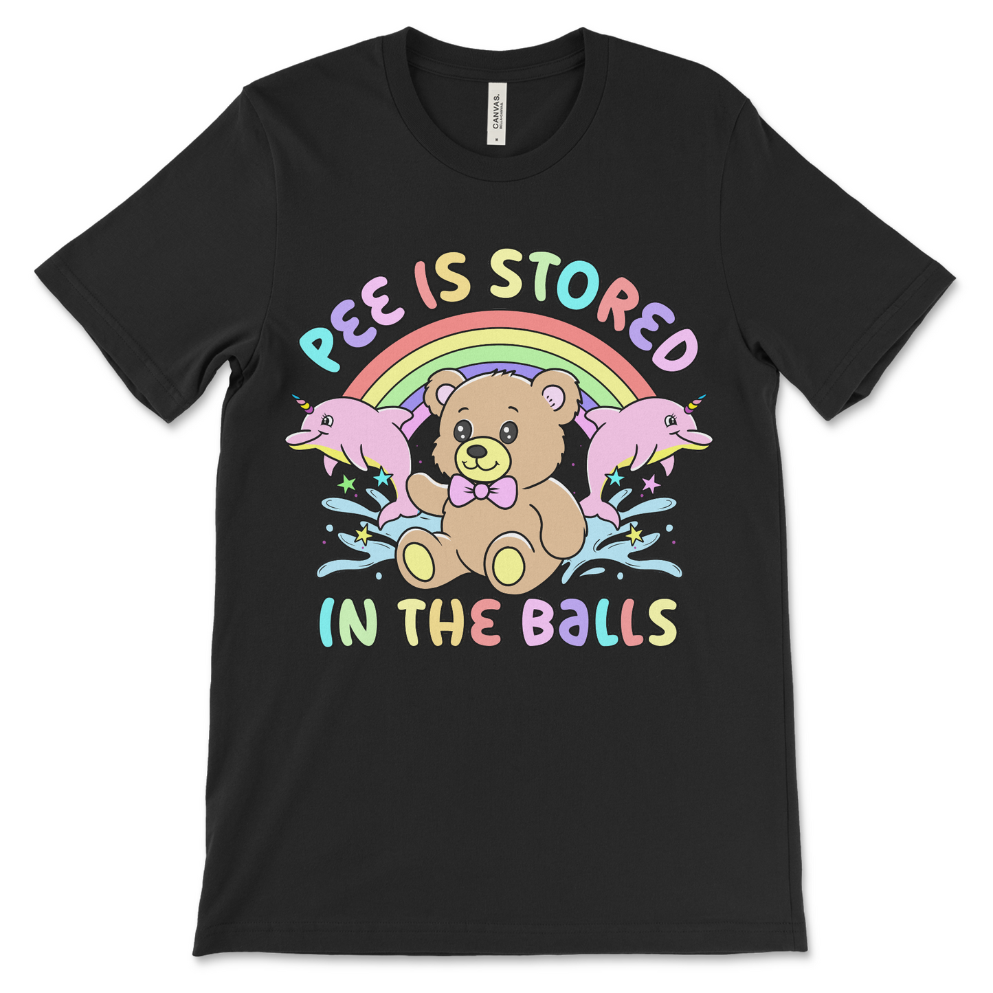 Fucked up very offensive adult humor tee with pee is stored in the balls design, featuring a unicorn dolphin, rainbow and teddy bear.