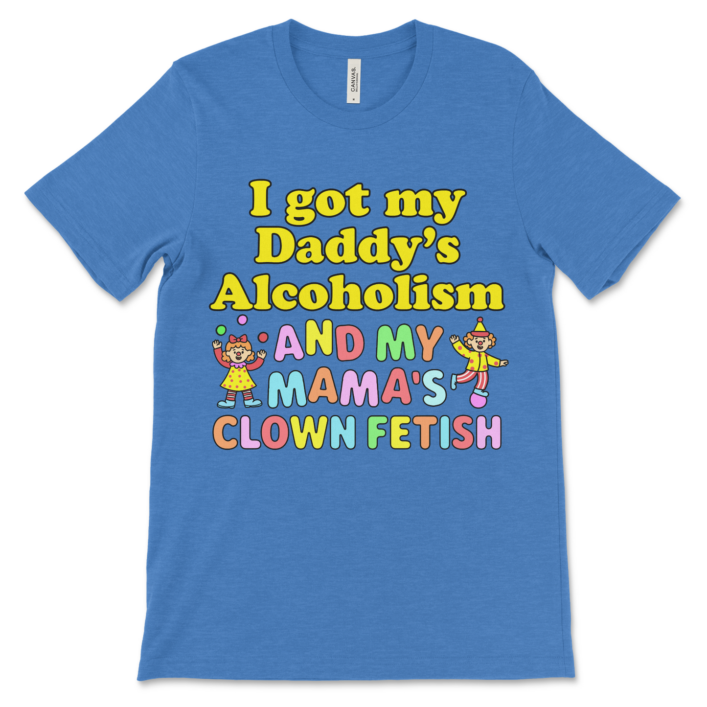 Inappropriate alcoholism and clown meme t-shirt with weird cringe humor and raunchy fashion vibe.