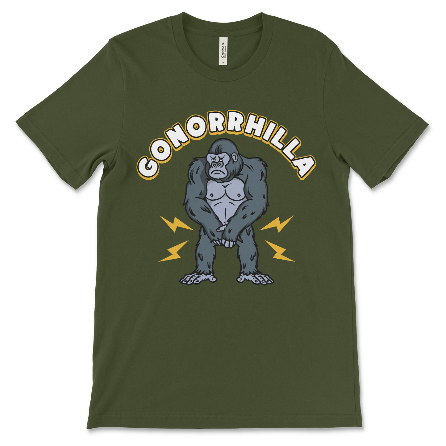 Funny gonorrhilla shirt featuring a sick gorilla with gonorrhea, gross meme tee with dark humor and STD pun
