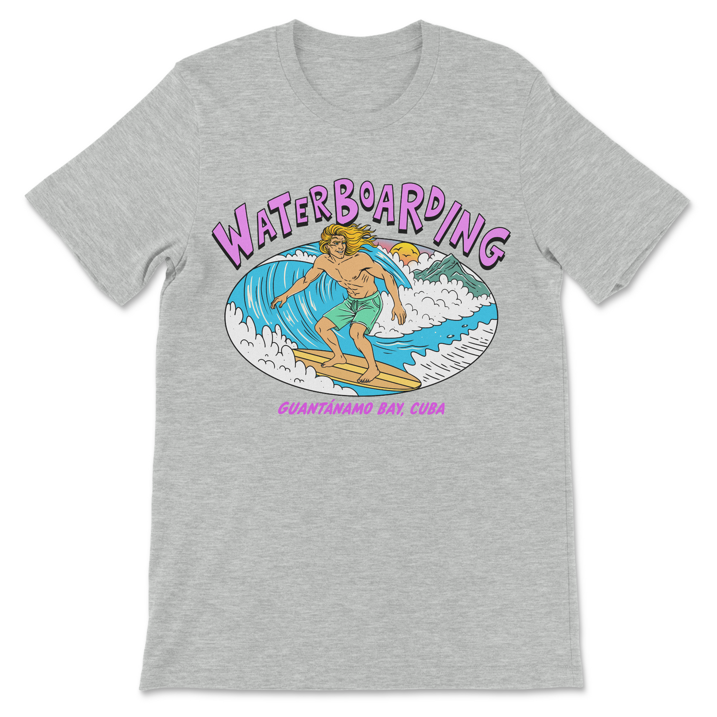 Dark humor surfing shirt featuring the phrase Waterboarding Guantanamo Bay, Cuba.