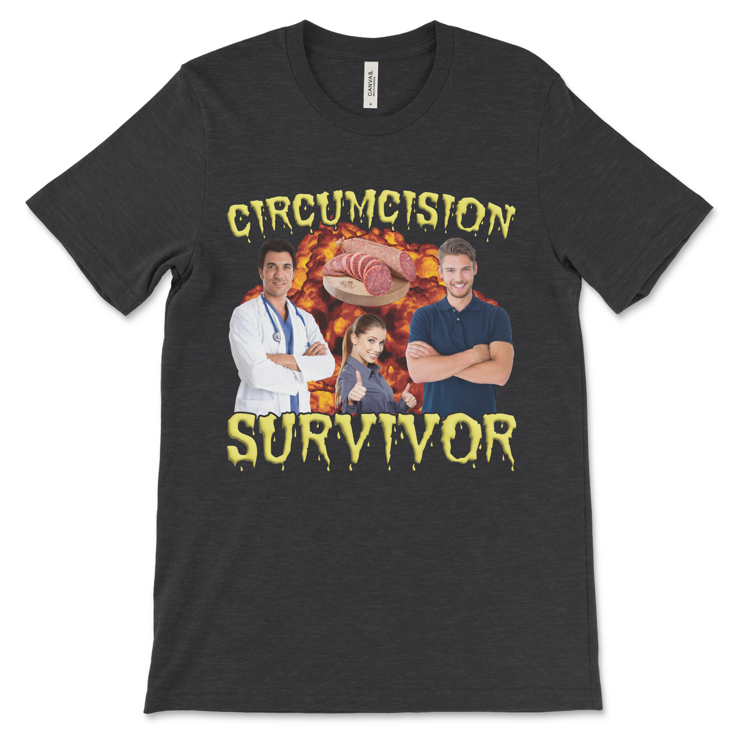 Stupid and embarrassing shirt with circumcised humor in a weird style.