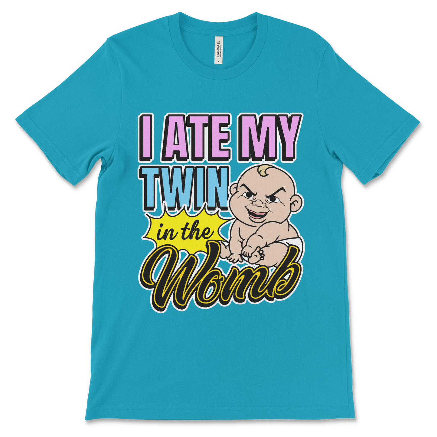 Dark humor meme shirt that says “I Ate My Twin in the Womb,” weird graphic tee with cursed t shirt vibes and edgy absurd humor.