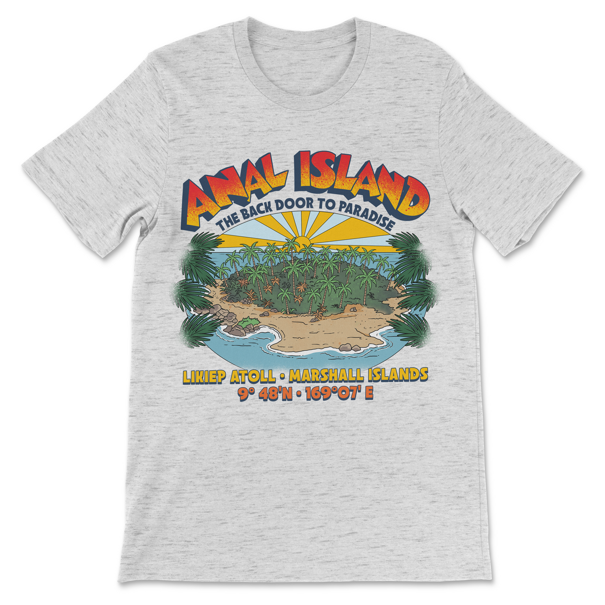 A light heather gray t-shirt featuring a colorful graphic print of 'Anal Island' with a tropical island illustration, palm trees, and text reading 'The Back Door to Paradise' and 'Limep Atoll - Marshall Islands'.