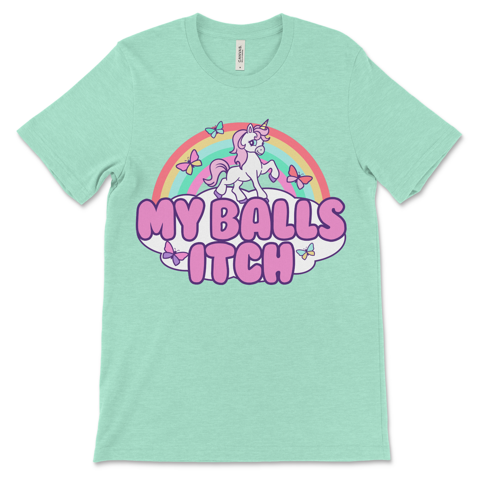 Weird and inappropriate unicorn t-shirt that simply says “My Balls Itch.” Ideal for crude humor fans, cursed meme lovers, and anyone who enjoys ridiculous animal graphic tees.