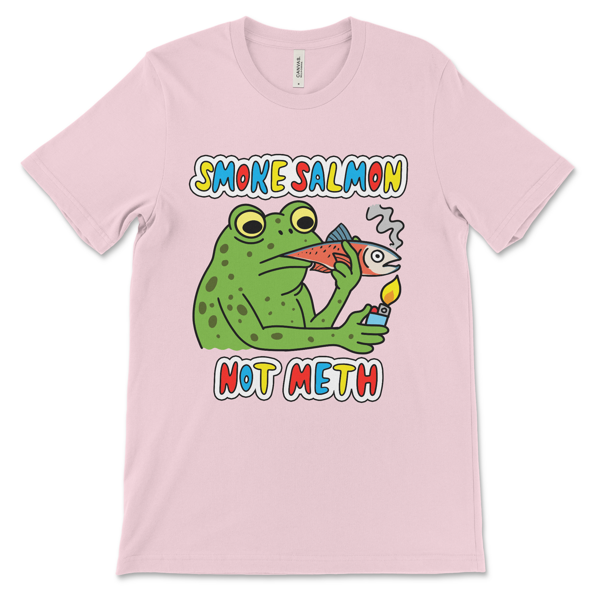 Unhinged t-shirt featuring a frog smoking a salmon instead of a cigarette. Made for people who love surreal graphic tees and bizarre meme apparel.
