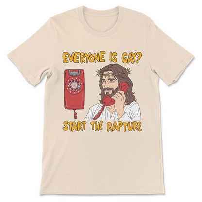 religious humor Jesus illustration holding a red phone with the phrase "Everyone Is Gay? Start the Rapture" in bold lettering.
