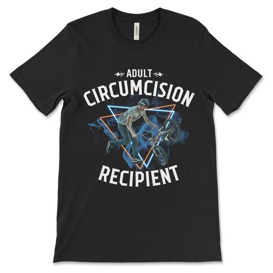 Ironic meme shirt with 'Adult Circumcision Recipient' slogan for dark humor and absurd satire fans.