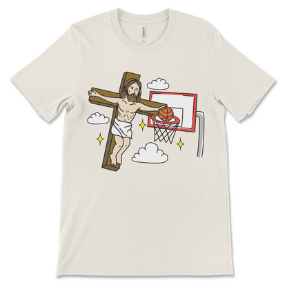 T shirt that shows Jesus playing basketball while nailed to the cross offensive religious meme shirt with dark humor Christian satire and inappropriate humor
