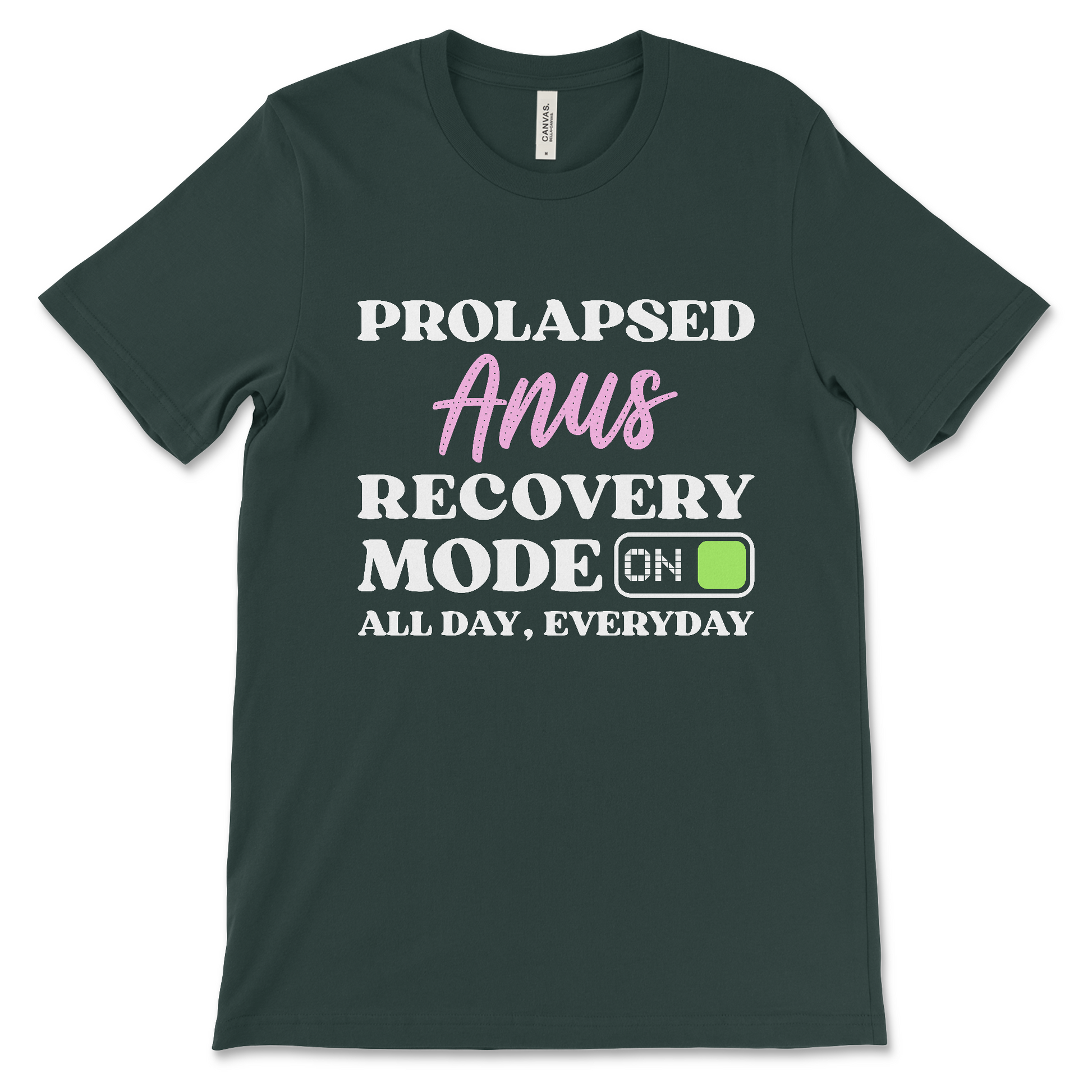 Prolapsed Anus Recovery Mode On graphic T-shirt, offensive dark humor shirt with sarcastic gag gift message, displayed flat.
