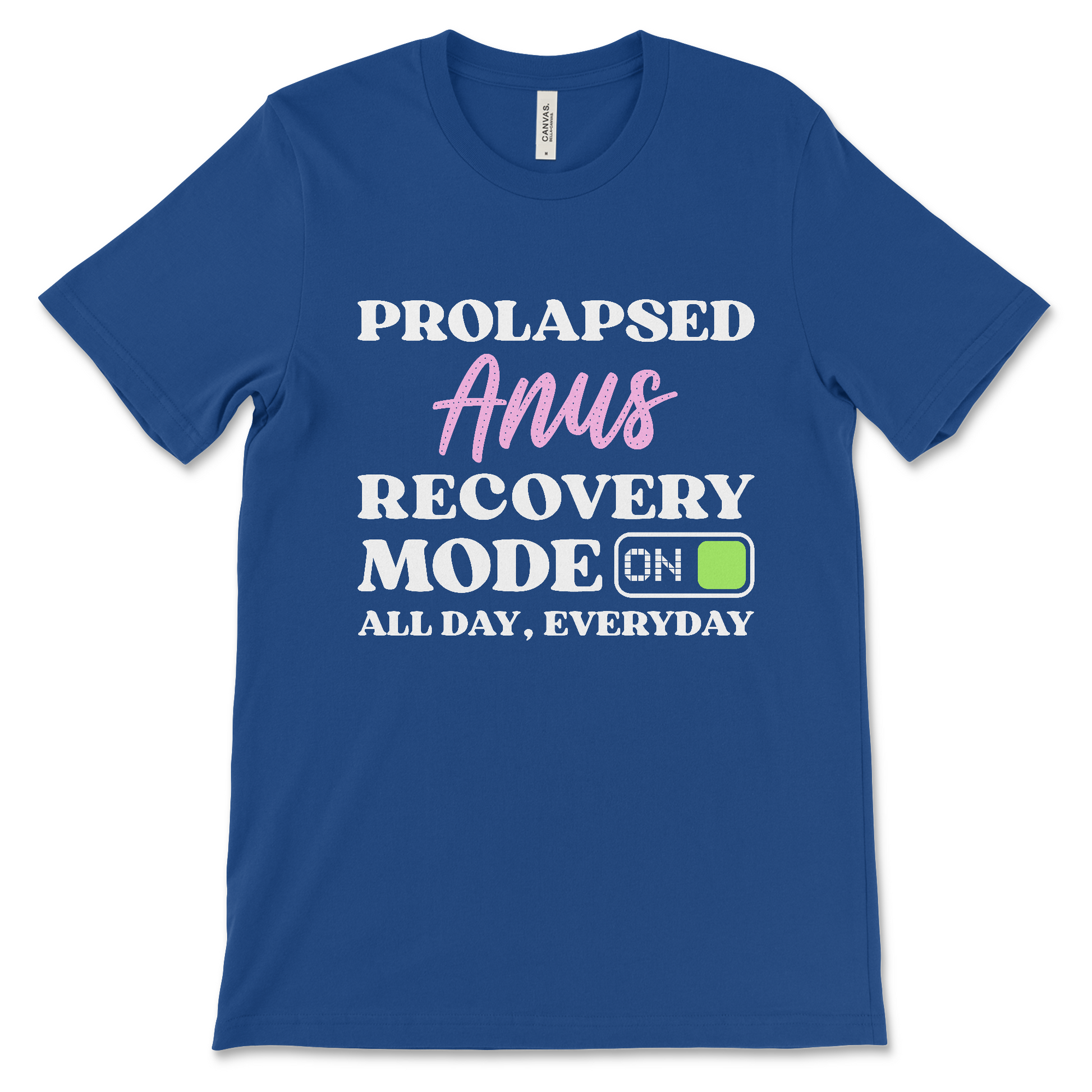 Prolapsed Anus Recovery Mode On graphic T-shirt, offensive dark humor shirt with sarcastic gag gift message, displayed flat.