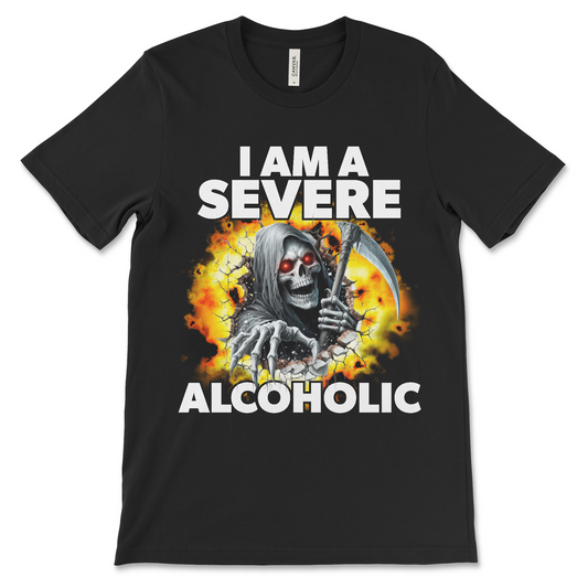 Funny alcoholic meme t-shirt with dark humor design.

