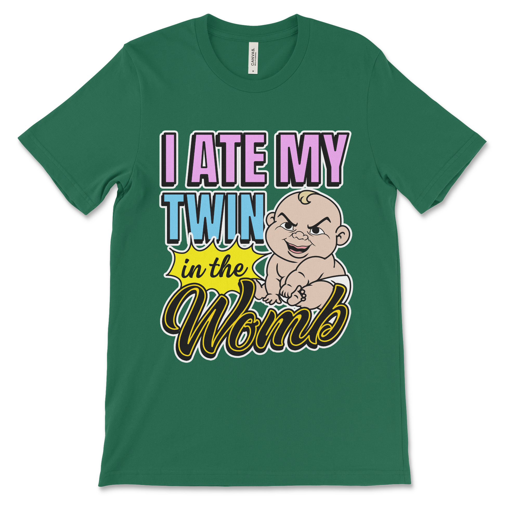 Dark humor meme shirt that says “I Ate My Twin in the Womb,” weird graphic tee with cursed t shirt vibes and edgy absurd humor.