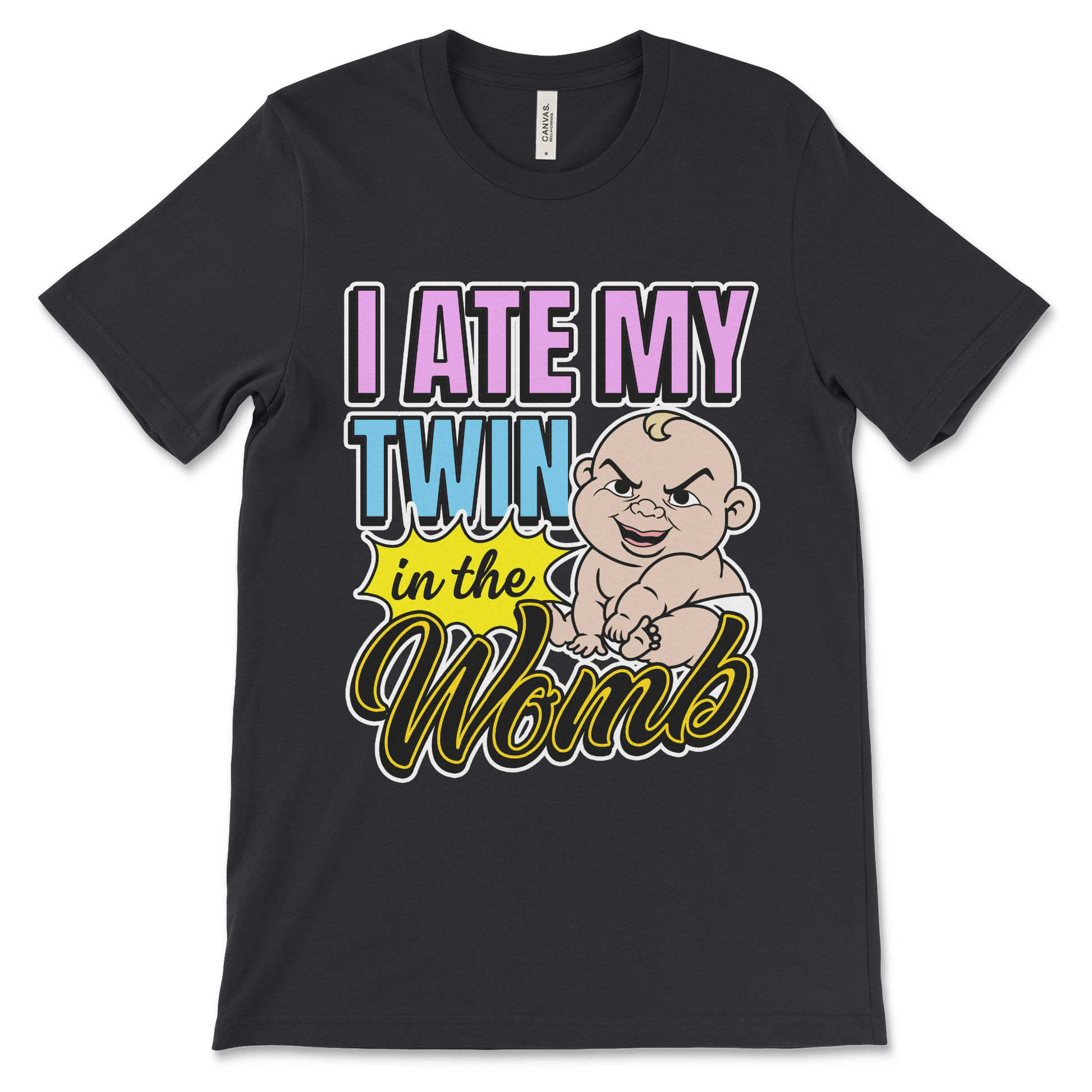 Dark humor meme shirt that says “I Ate My Twin in the Womb,” weird graphic tee with cursed t shirt vibes and edgy absurd humor.
