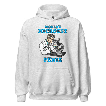 Hoodie with the phrase World’s Microest Penis, an offensive meme hoodie with misspelled text, cringe humor, and unhinged internet style.