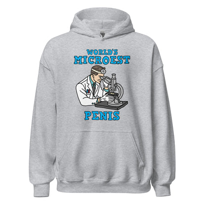 Hoodie with the phrase World’s Microest Penis, an offensive meme hoodie with misspelled text, cringe humor, and unhinged internet style.