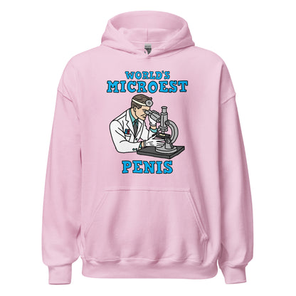 Hoodie with the phrase World’s Microest Penis, an offensive meme hoodie with misspelled text, cringe humor, and unhinged internet style.