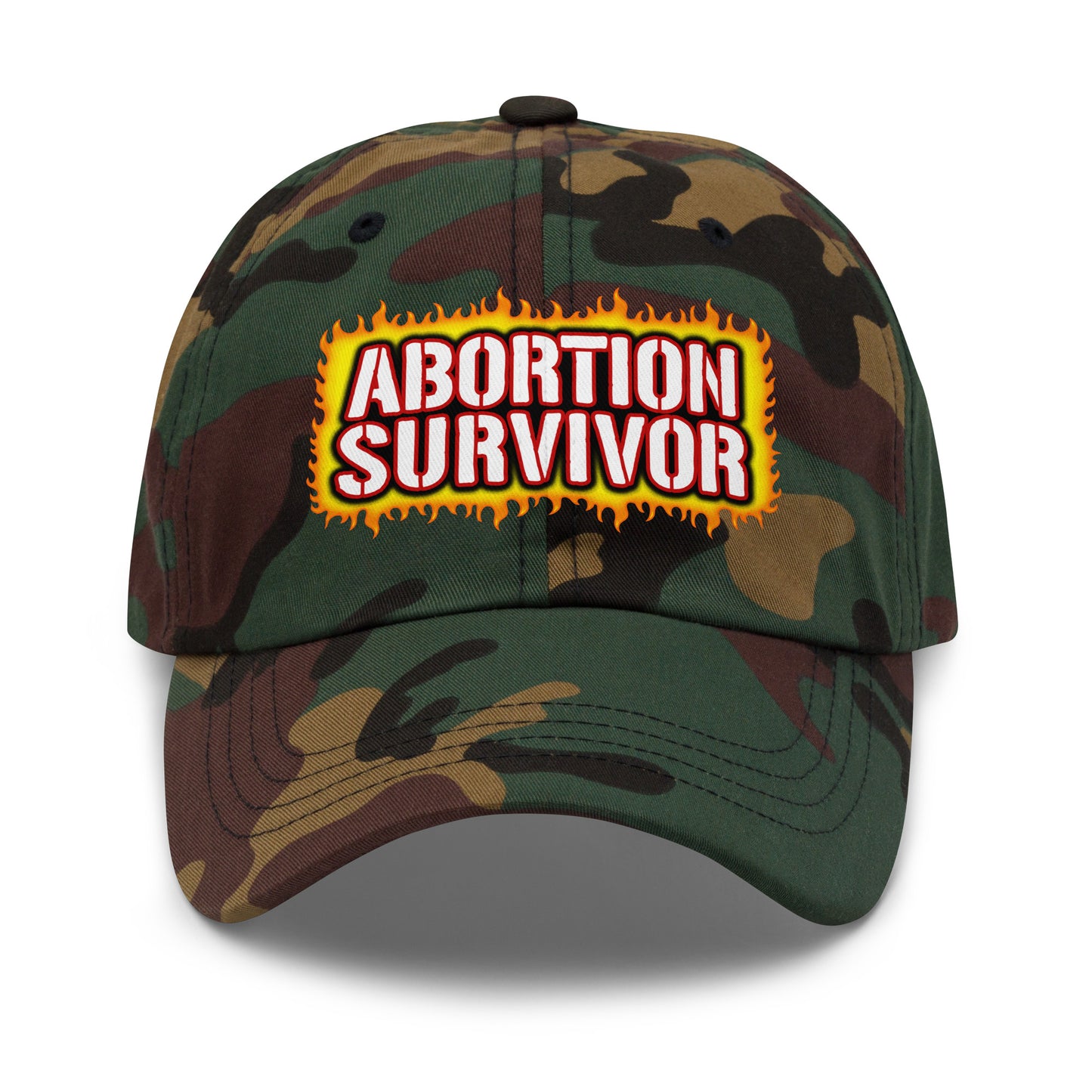 Black dad hat embroidered with the phrase Abortion Survivor in a dark humor design.
