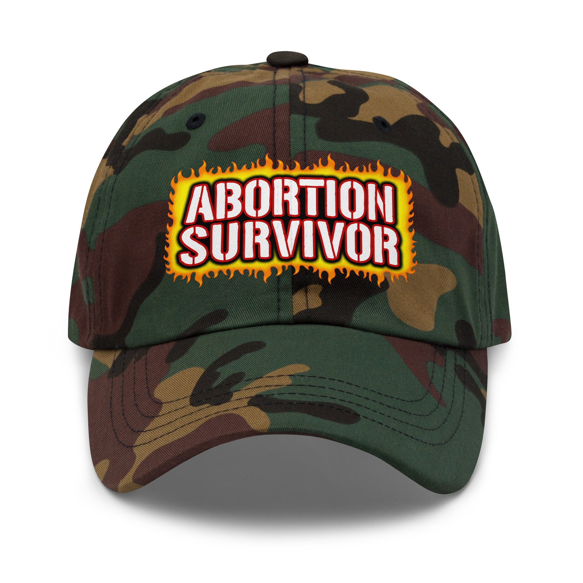 Black dad hat embroidered with the phrase Abortion Survivor in a dark humor design.
