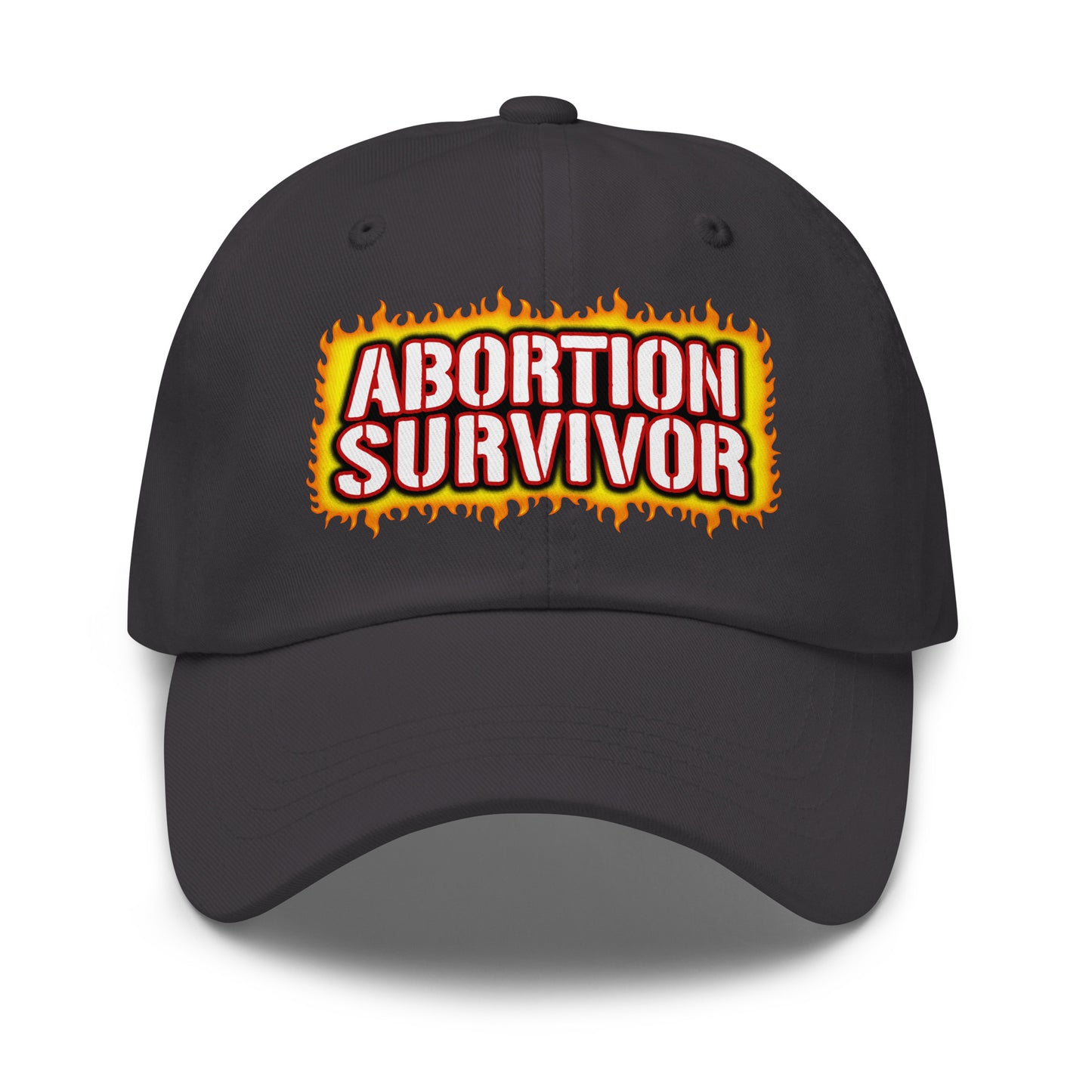 Funny Abortion Survivor dad hat featuring offensive comedy embroidery.
