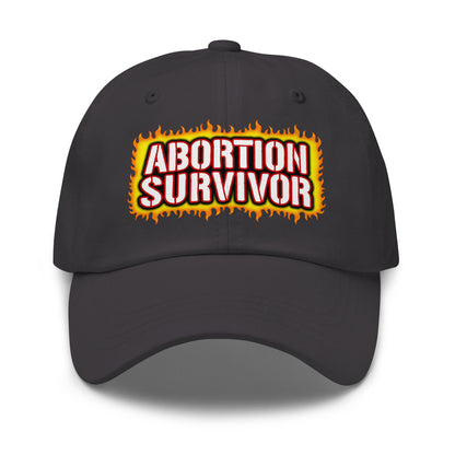 Funny Abortion Survivor dad hat featuring offensive comedy embroidery.
