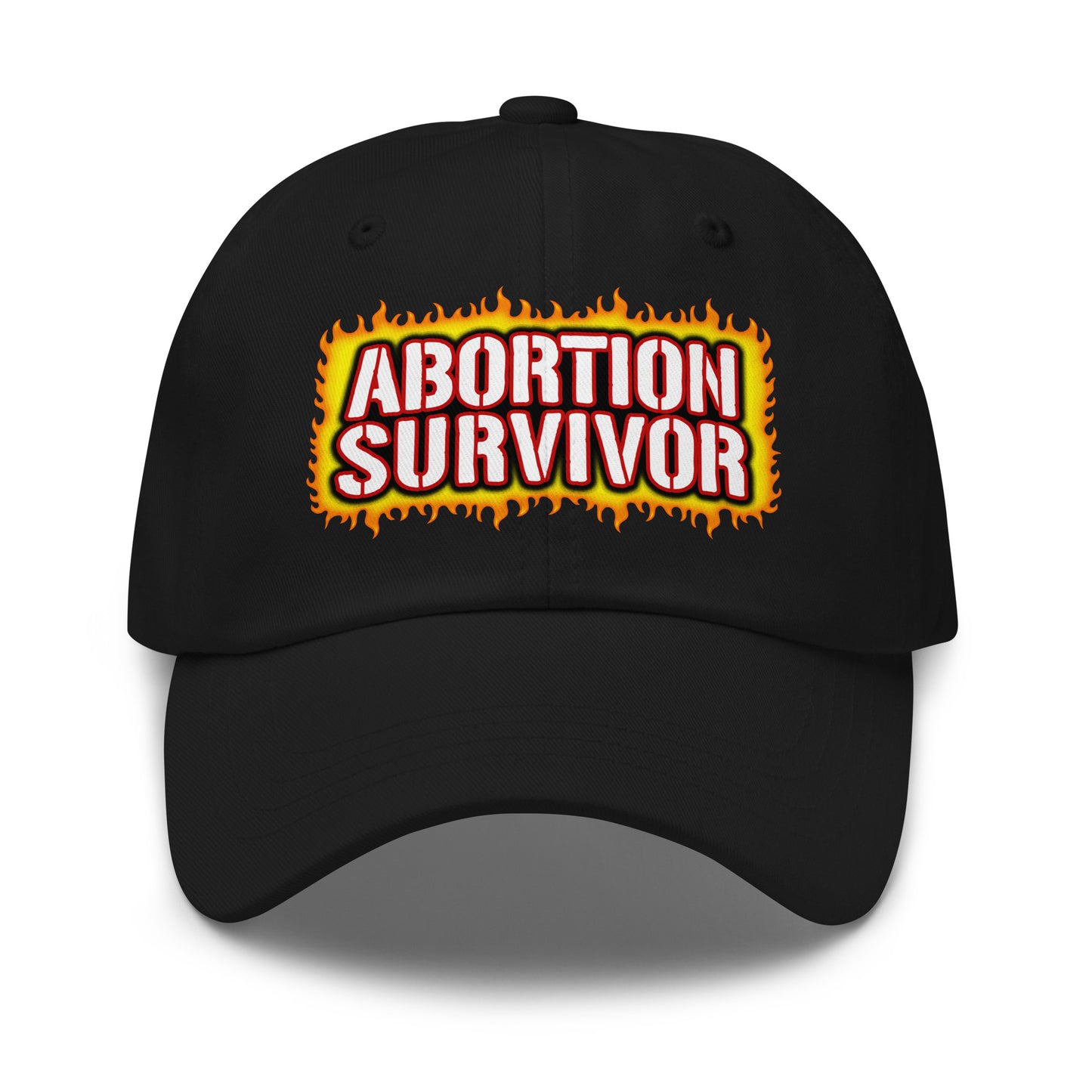 Embroidered dad cap with Abortion Survivor text for fans of dark humor.
