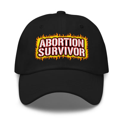 Embroidered dad cap with Abortion Survivor text for fans of dark humor.
