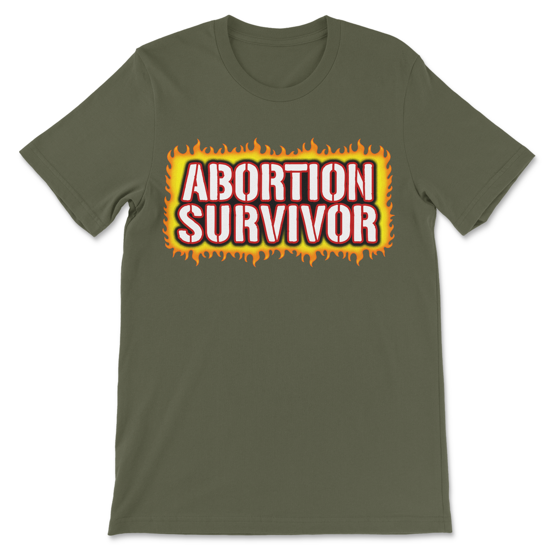Dark humor t-shirt with an abortion survivor joke printed on the front.
