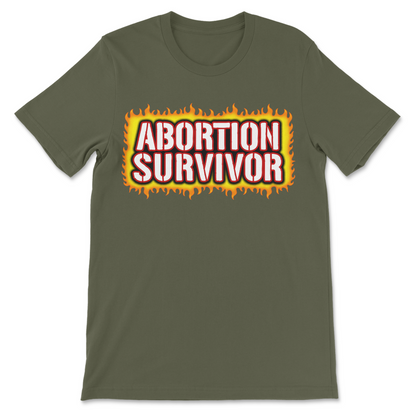 Dark humor t-shirt with an abortion survivor joke printed on the front.
