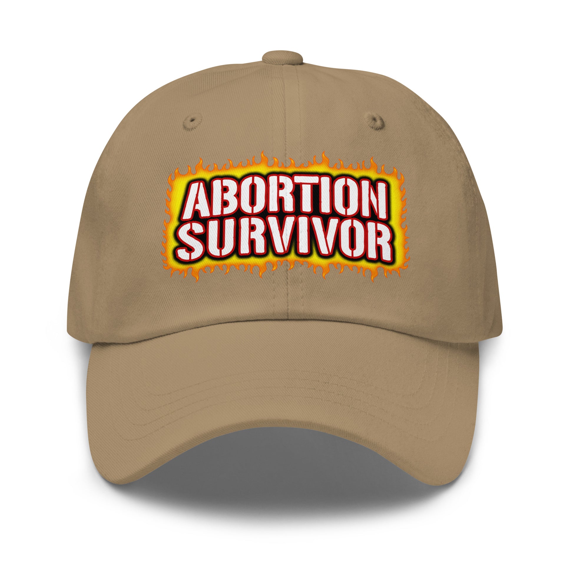 Offensive embroidered dad hat with the phrase Abortion Survivor.
