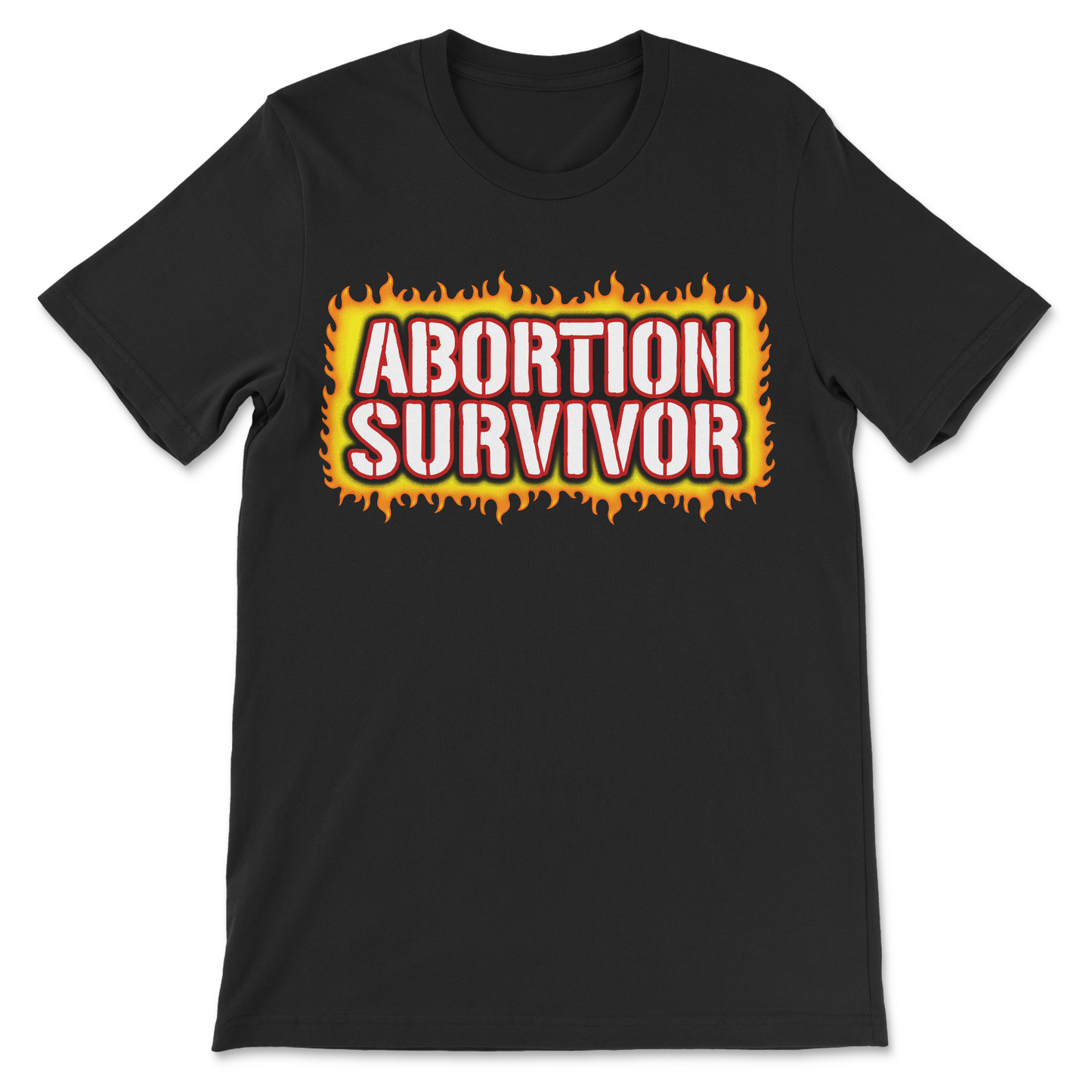 Black t-shirt featuring the phrase "Abortion Survivor" in a funny dark humor graphic design.
