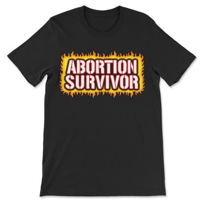 Black t-shirt featuring the phrase "Abortion Survivor" in a funny dark humor graphic design.
