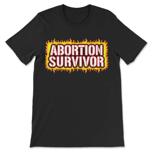 Black t-shirt featuring the phrase "Abortion Survivor" in a funny dark humor graphic design.
