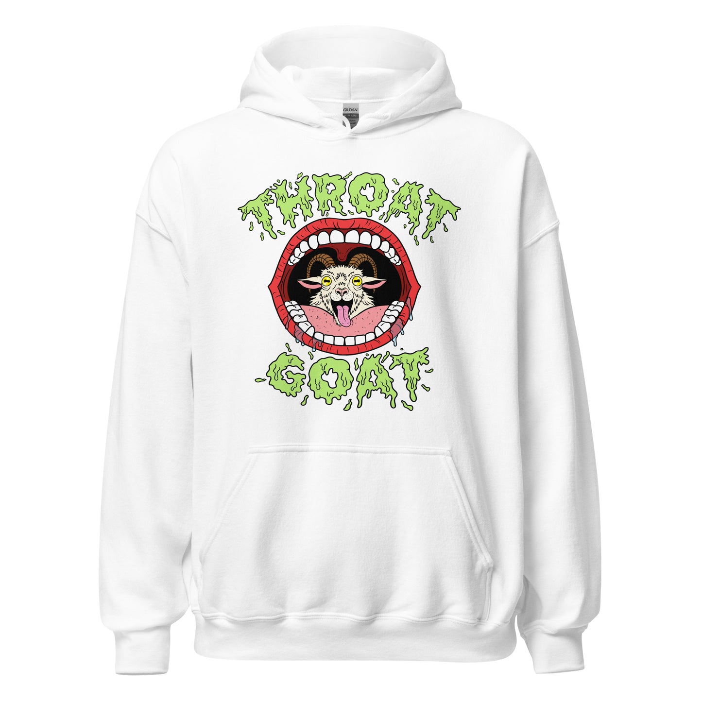 an offensive hoodie with a raunchy slogan that says throat goat
